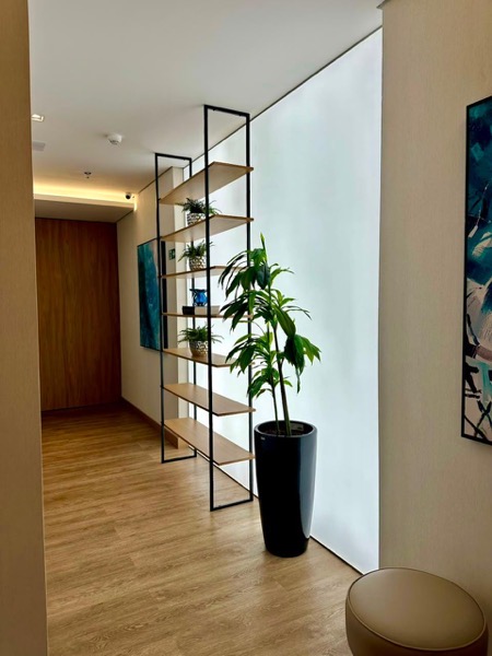 Corredor com estante de madeira e plantas